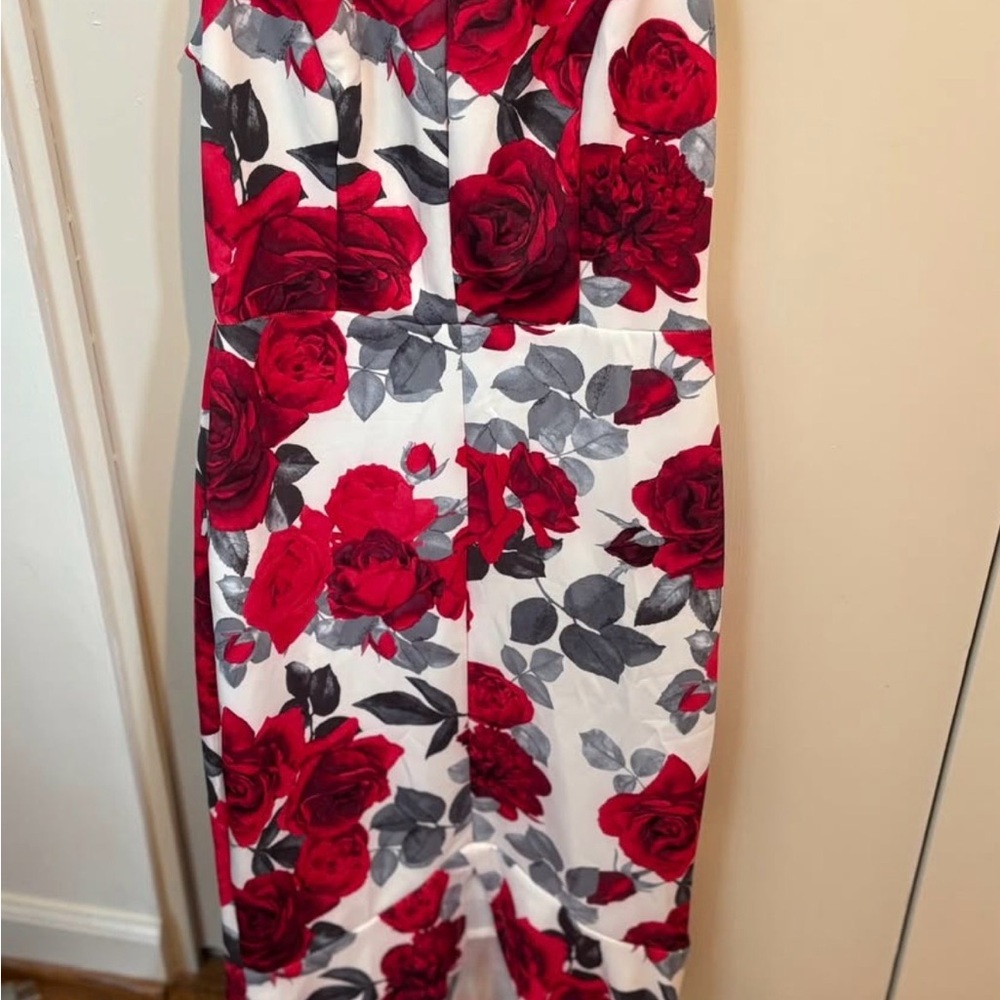 Sweet Storm Vibrant Red and Gray Floral Midi Dress